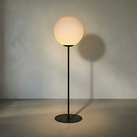 Lazarus Floor Lamp by Noir in matte black. Made from industrial steel and frosted globes in a modern style.