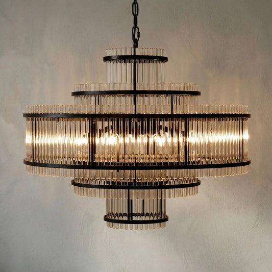 Rowan Chandelier by Noir in matte black. Made from industrial steel and glass in a traditional style.
