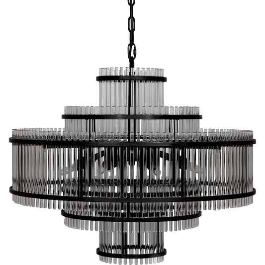 Rowan Chandelier by Noir in matte black. Made from industrial steel and glass in a traditional style.