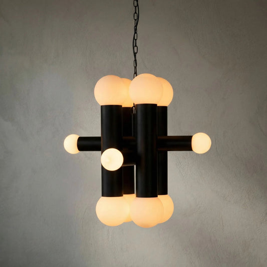 Amadeus Chandelier by Noir in matte black. Made from industrial steel and frosted globes in a modern style.