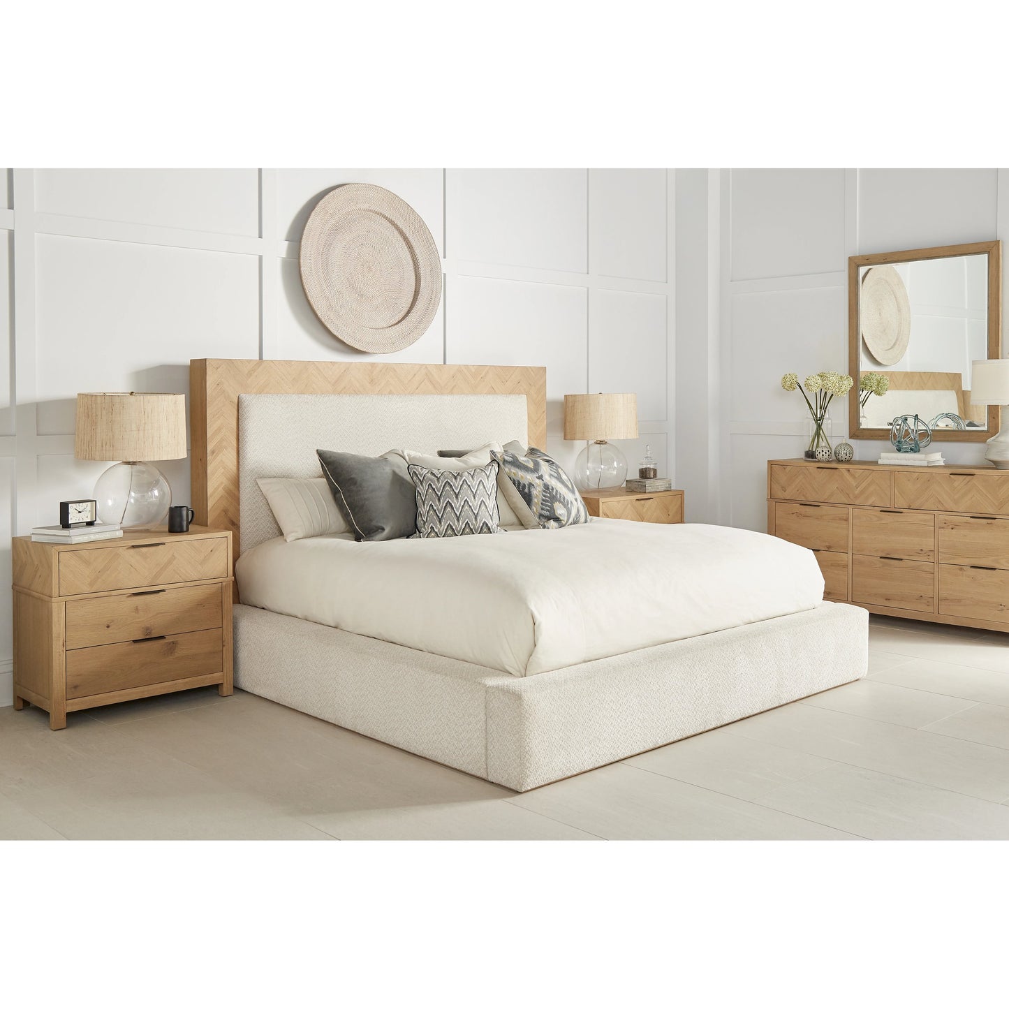 004 SI-2155762,SI-2155763,SI-2155764 | Lifestyle | Garrison Upholstered Bed by A.R.T. Furniture in washed oak, catalina parchment. Made from parawood solids with ash embossing, white oak veneers, foam, fabric in a modern style.