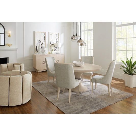 Nouveau Chic Round Pedestal Dining Table by Hooker Furniture in sandstone. Made from oak veneers, resin in a modern style.