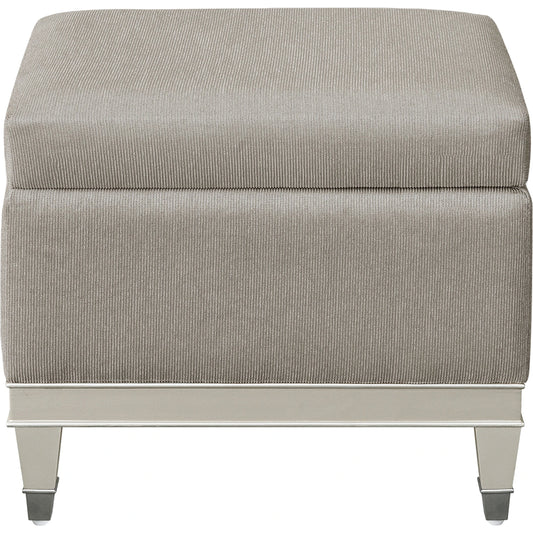 Zoey Vanity Storage Bench by Pulaski Furniture in metallic grey. Made from poplar wood, mdf, maple veneers in a modern style.