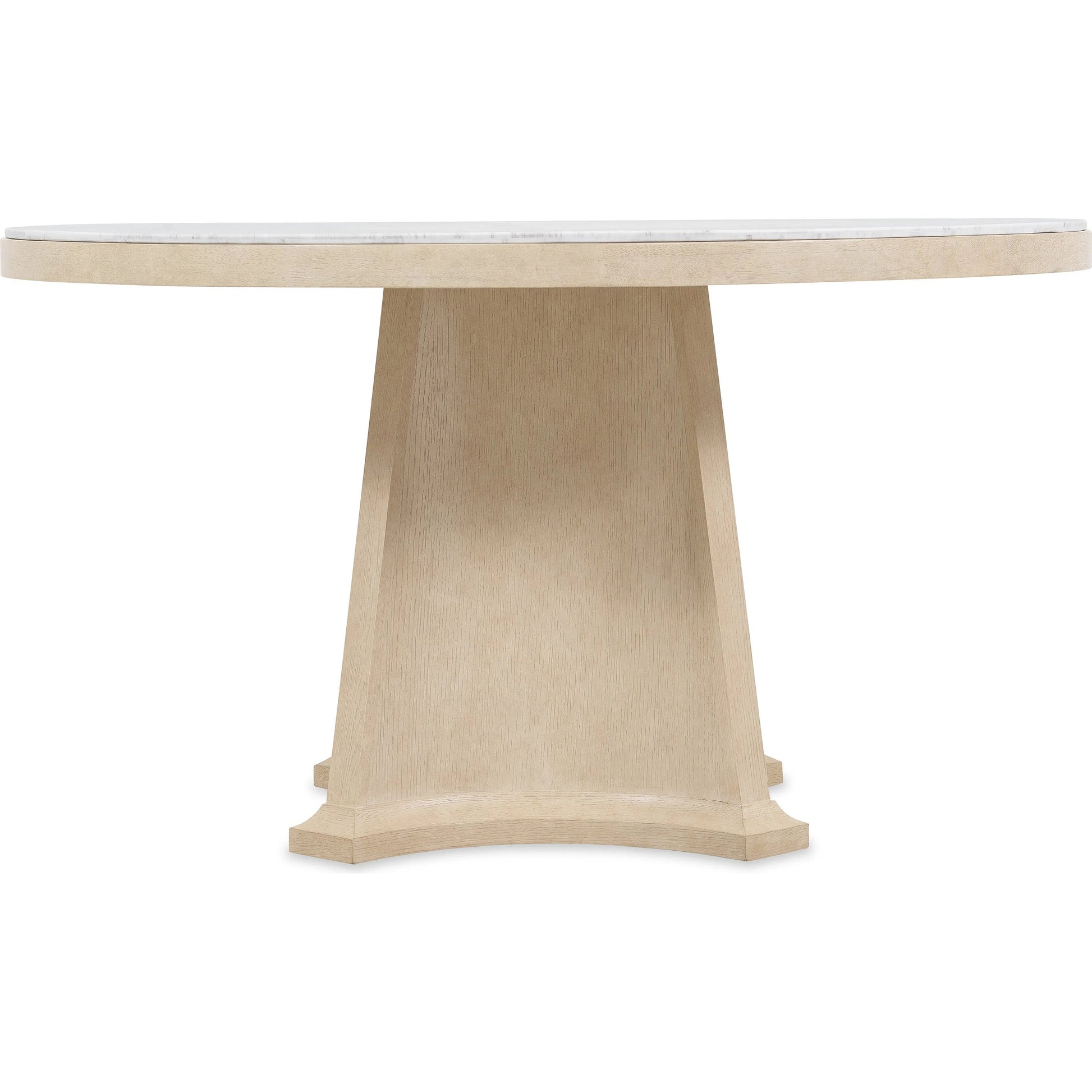 Westwood Round Dining Table by Hooker Furniture in light wood and polished limestone. Made from oak veneers, marble in a transitional style.