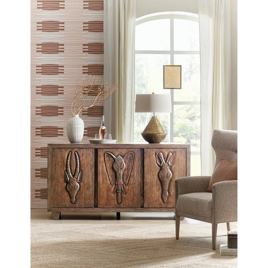 Commerce & Market Safari Credenza by Hooker Furniture in medium wood and medium wood finish. Made from pine veneers in a traditional style.