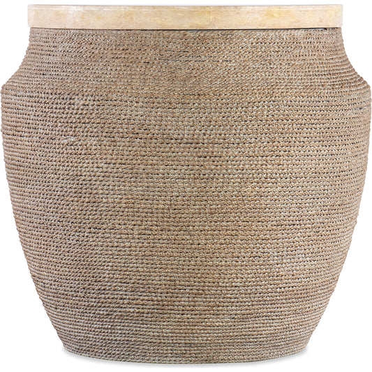 Retreat Round Side Table by Hooker Furniture in brown. Made from wood, resin, travertine stone veneers in a cottage & farmhouse style.