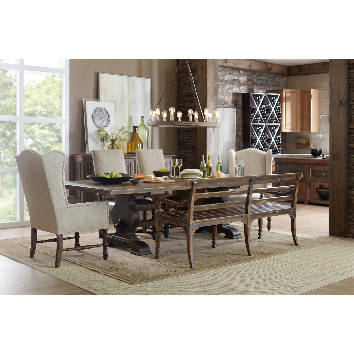 004 SI-1748966 | Lifestyle | Hill Country Helotes Dining Bench by Hooker Furniture in saddle brown. Made from hardwoods, metal in a traditional style.