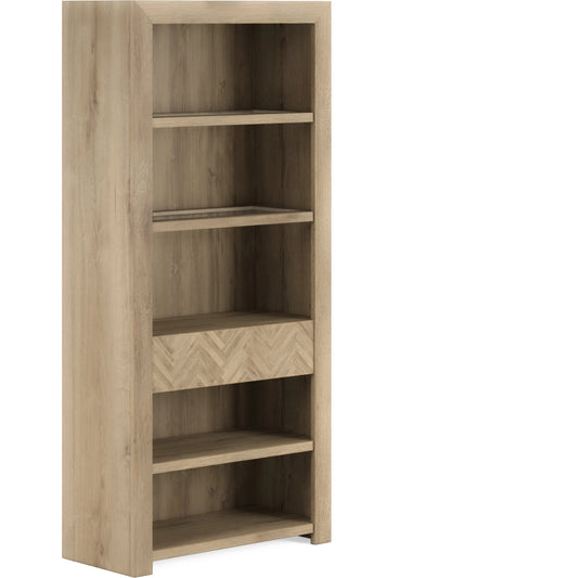 Garrison Bookcase by A.R.T. Furniture in washed oak. Made from parawood solids with ash embossing, white oak veneers, glass in a modern style.