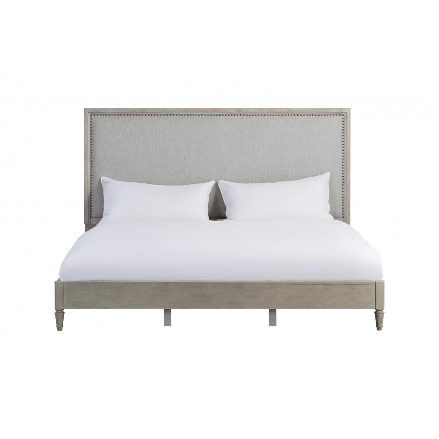 002 SI-2130655,SI-2130656 | Primary Silo | Zest Upholstered Bed with Nailhead Trim by Zest in greige. Made from rubberwood, oak veneer, fabric in a modern style.