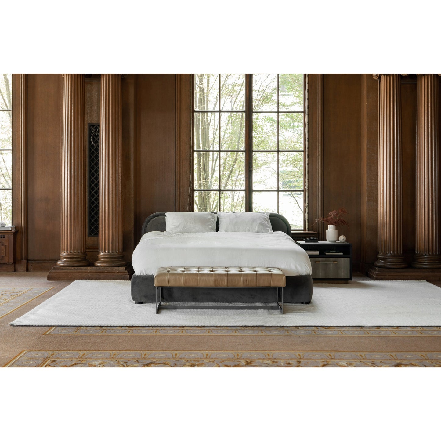 019 SI-1771891 | Lifestyle | Wyatt Leather Bench by Moe's Home Collection in brown. Made from top-grain leather, iron base, solid eucalyptus wood seat frame in a modern style.