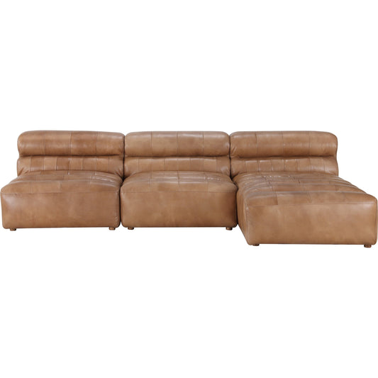 Ramsay Modular Sectional by Moe's Home Collection in brown. Made from upholstery: top-grain buffalo leather, feather, fiber-fill topper foam, solid pine, plywood frame, foam in a modern style.