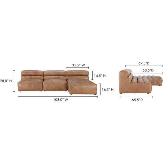 Ramsay Modular Sectional by Moe's Home Collection in brown. Made from upholstery: top-grain buffalo leather, feather, fiber-fill topper foam, solid pine, plywood frame, foam in a modern style.