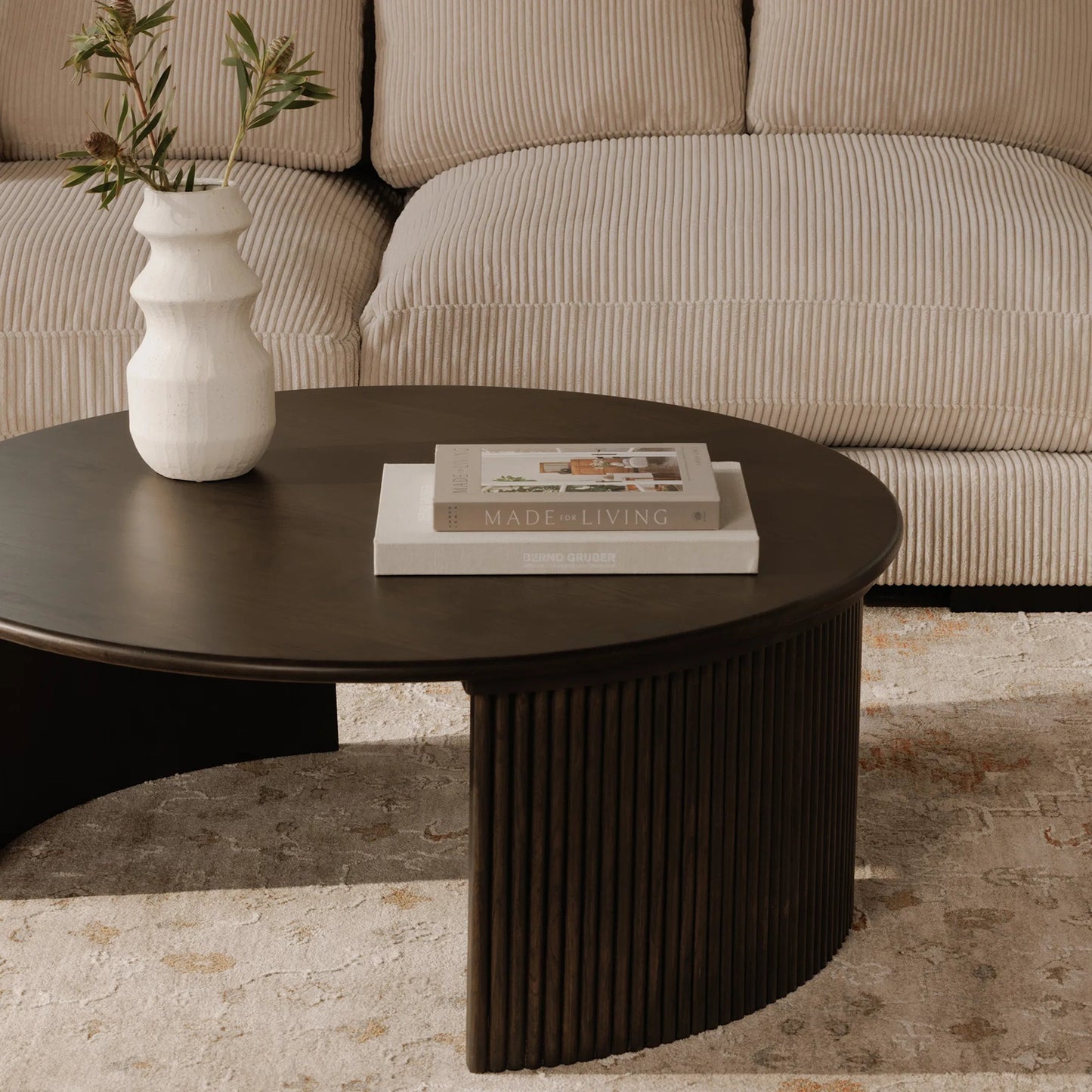 036 SI-2368237 | Lifestyle | Penny Coffee Table by Moe's Home Collection in brown and brown oak. Made from solid oak tabletop, oak veneer over plywood base in a traditional style.