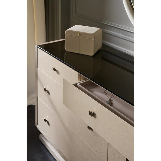 Calypso Dresser by Caracole in ivory and ivory craze, dry martini. Made from poplar, glass, koto in a modern style.