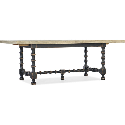 Ciao Bella Trestle Table by Hooker Furniture in aged black. Made from pine veneers with solid-wood edge top in a traditional style.