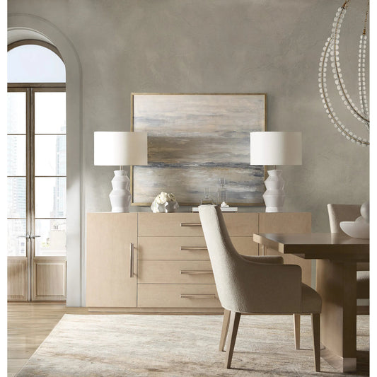 Westwood Buffet by Hooker Furniture in light wood and polished limestone. Made from oak veneers in a transitional style.