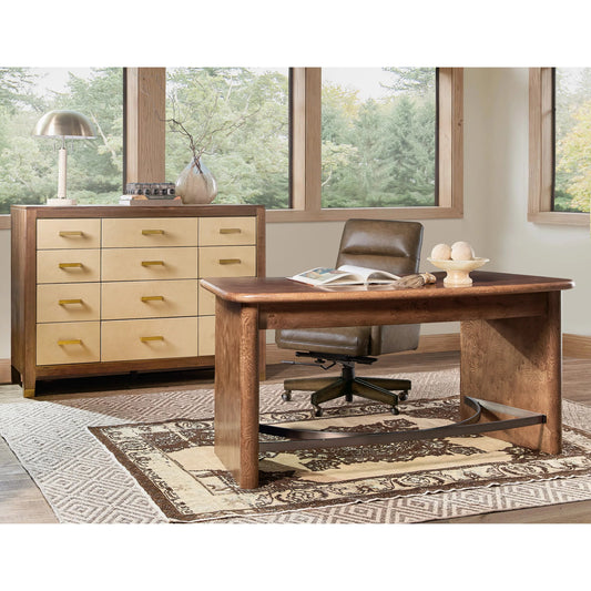 Melange Romano Writing Desk by Hooker Furniture in medium wood and golden brown, oak veneers, bronze metal. Made from oak solids, oak veneers, metal in a unique style.