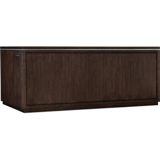 001 SI-1996325 | Primary Silo | House Blend Executive Desk by Hooker Furniture in dark roast. Made from quartered ash veneers, metal in a transitional style.
