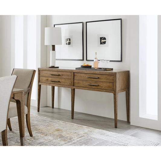 Chapman Sideboard by Hooker Furniture in sorrel. Made from white oak veneers, honed silver travertine stone veneers in a modern style.