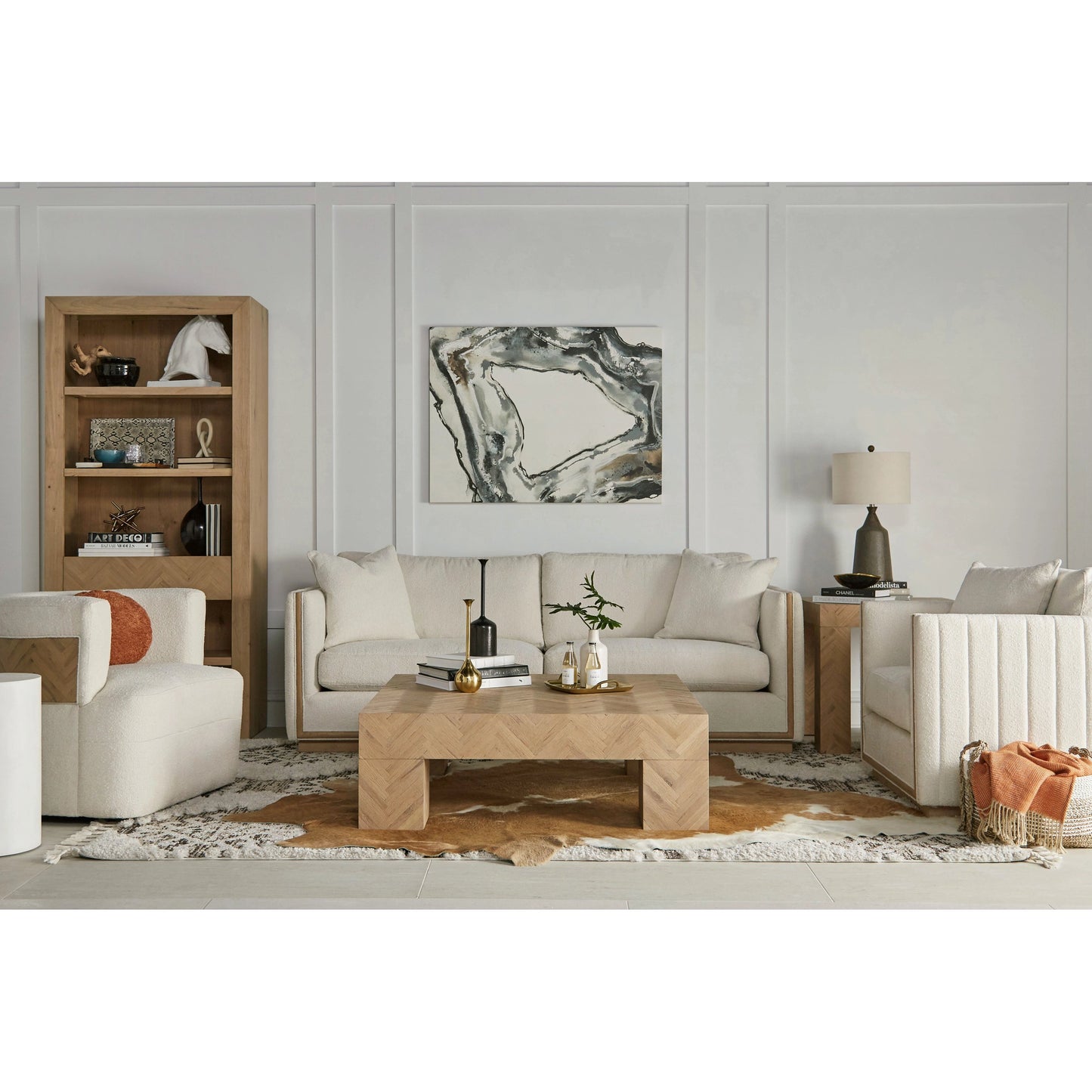 006 SI-2155781 | Lifestyle | Garrison Bookcase by A.R.T. Furniture in washed oak. Made from parawood solids with ash embossing, white oak veneers, glass in a modern style.