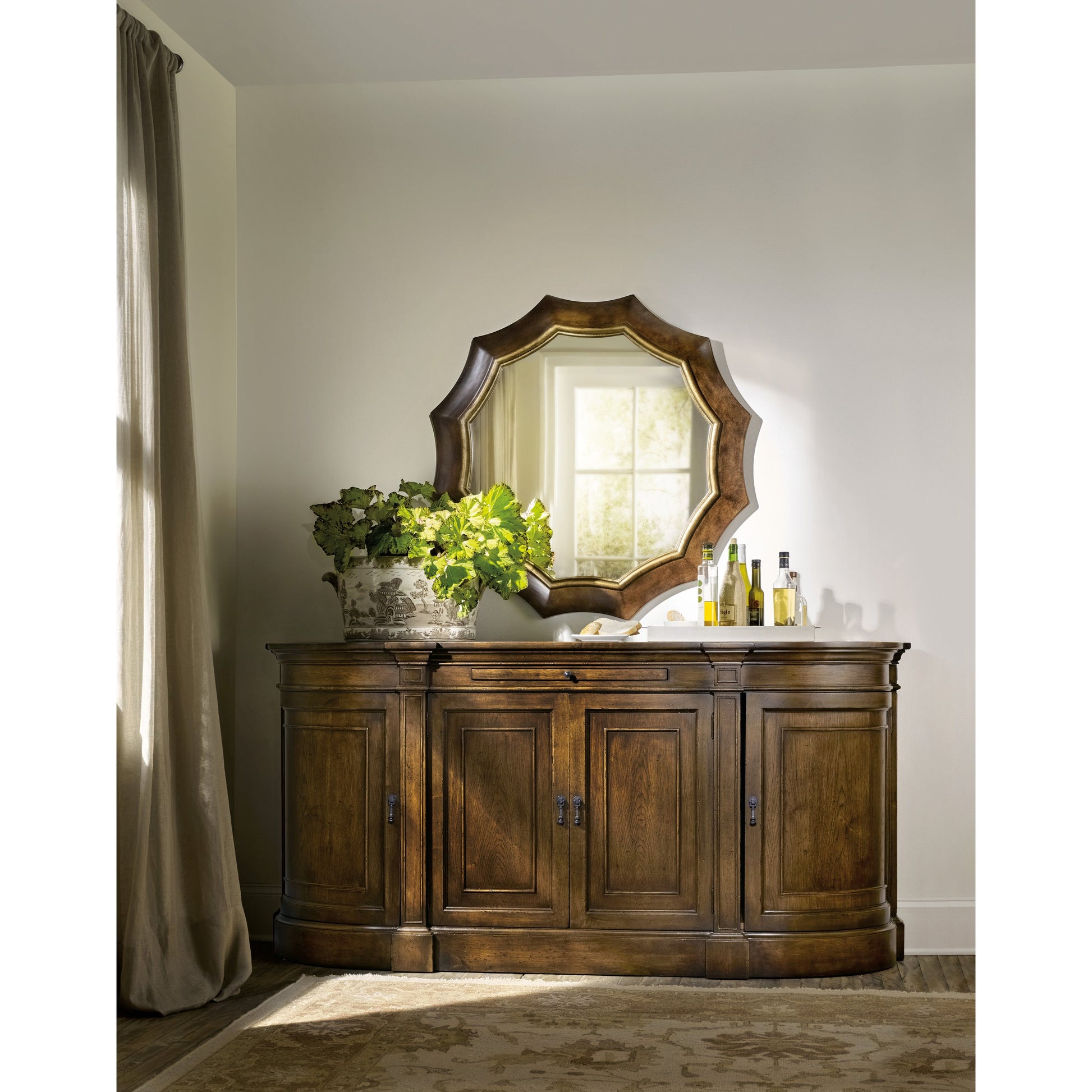 Archivist Sideboard by Hooker Furniture in pecan. Made from pecky pecan veneers, blue stone in a traditional style.