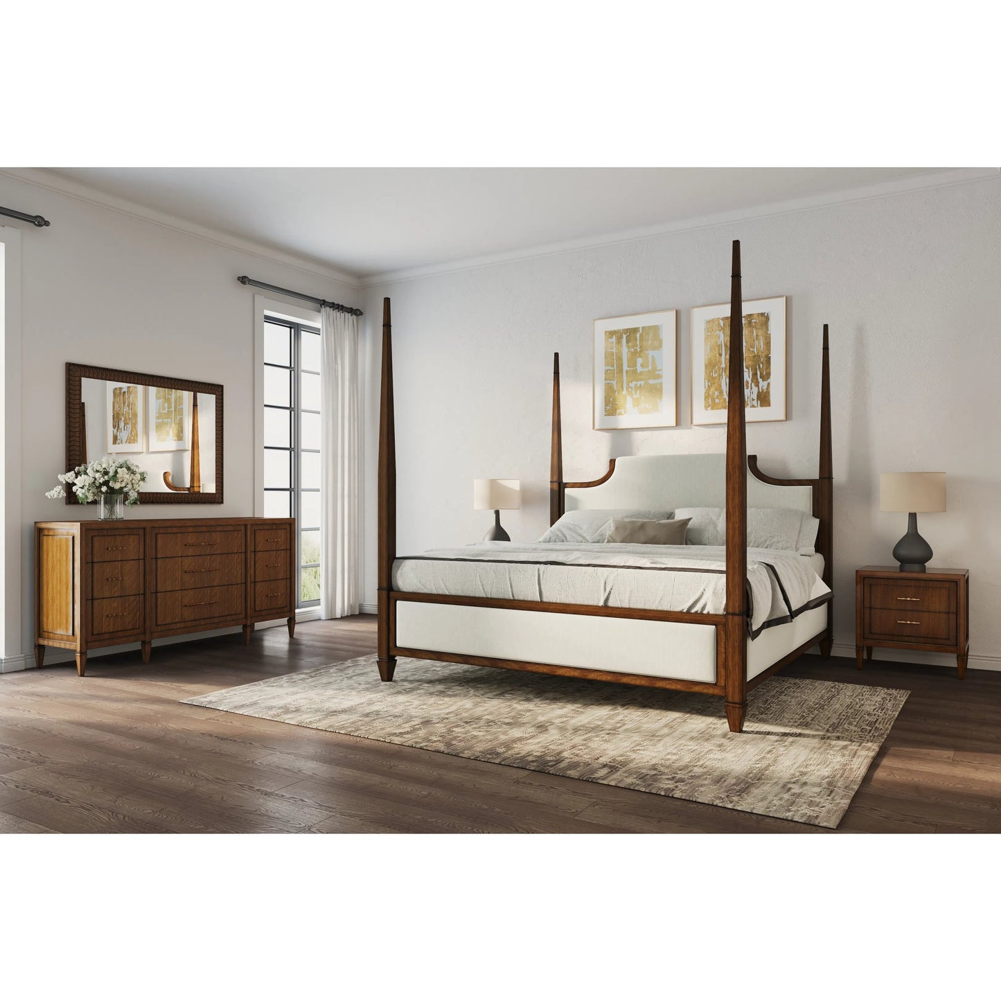 006 SI-2447937 | Lifestyle | Eave Upholstered Bed by A.R.T. Furniture in off-white and hazelnut. Made from poplar, parawood solids, walnut veneer in a traditional style.