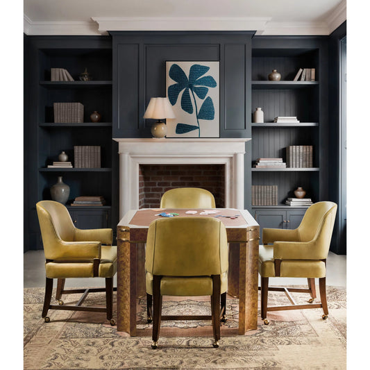 Archives Game Chair by Hooker Furniture in classic walnut, quartered walnut veneers. Made from wood, leather, hair on hide leather in a traditional style.