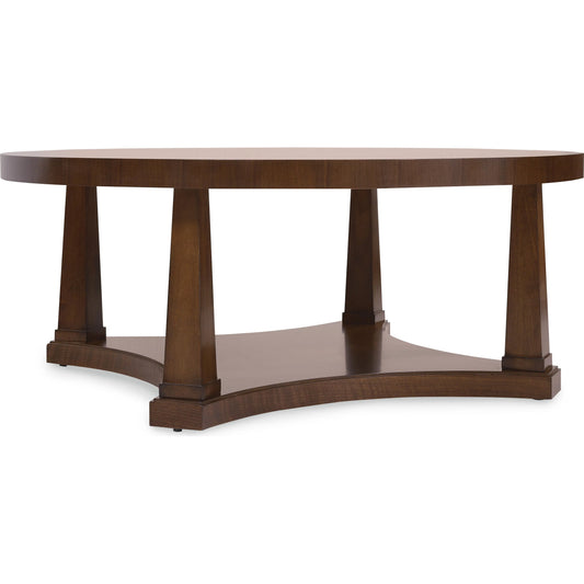 Archives Round Cocktail Table by Hooker Furniture in dark wood and classic walnut. Made from figured quartered walnut veneer in a transitional style.