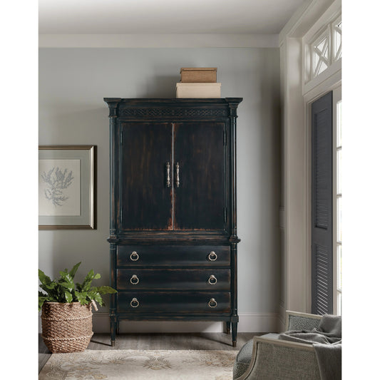 Charleston Jewelry Armoire by Hooker Furniture in black cherry. Made from cherry veneers, cedar, metal in a traditional style.