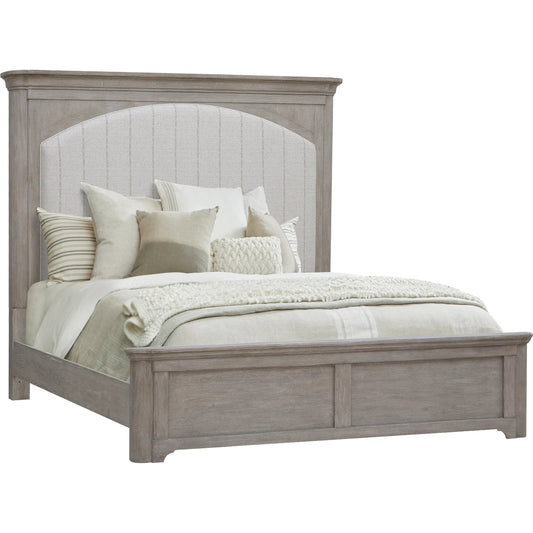 Abbotts Glen Upholstered Bed by Pulaski Furniture in windmill grey. Made from split heart cathedral oak in a transitional style.