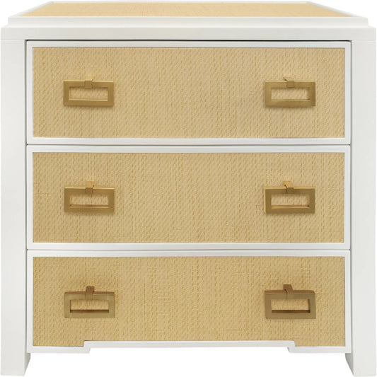 Radley Three Drawer Side Table by Worlds Away. Made from grasscloth in a eclectic & global style.