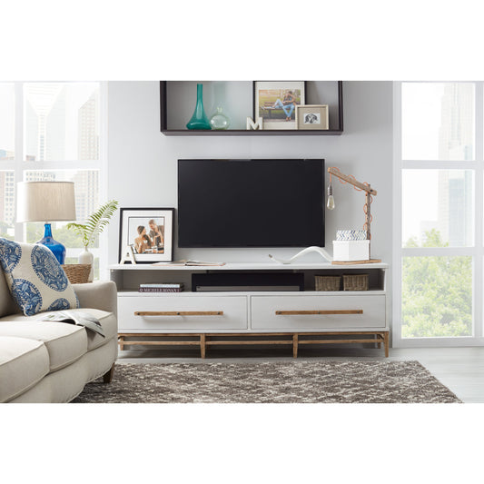 Urban Elevation Low Entertainment Console by Hooker Furniture in white, light maple. Made from maple, white oak veneers, aluminum sheet in a modern style.