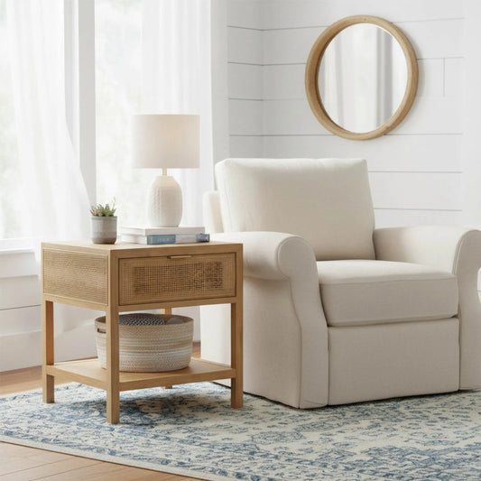 Rattan Side Table by LH Imports in natural and natural, brass. Made from oak, oak veneer, wicker, metal in a cottage & farmhouse style.