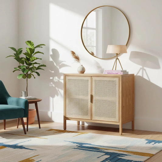 Rattan Sideboard by LH Imports in natural and natural, brass. Made from oak, oak veneer, wicker, metal in a cottage & farmhouse style.