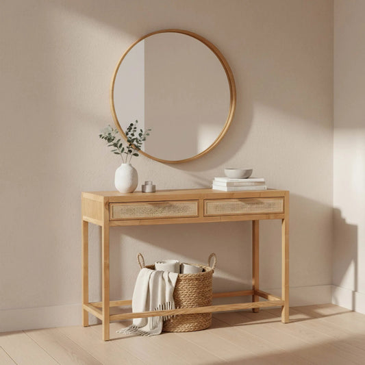 Rattan Console Table by LH Imports in natural and natural, brass. Made from oak, oak veneer, wicker, metal in a modern style.