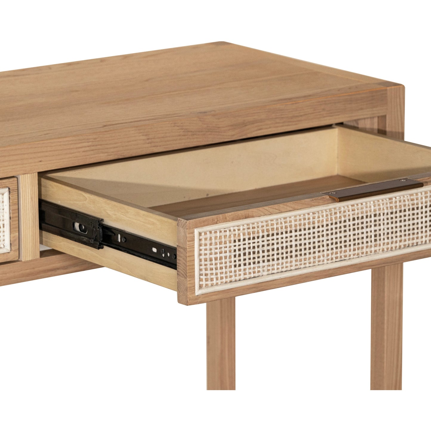 003 SI-2004393 | Closeup | Rattan Console Table by LH Imports in natural and natural, brass. Made from oak, oak veneer, wicker, metal in a modern style.