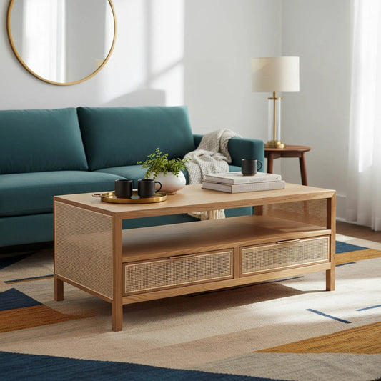 Rattan Coffee Table by LH Imports in natural and natural, brass. Made from oak, oak veneer, wicker, metal in a modern style.
