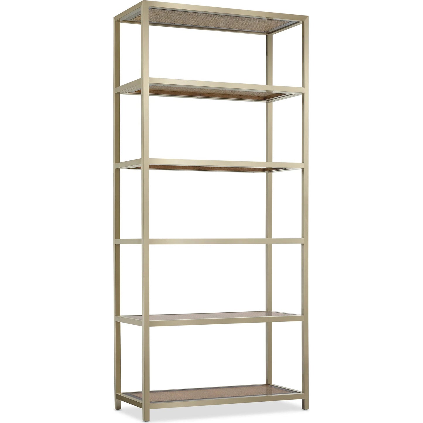 001 SI-2353991 | Primary Silo | Melange Etagere by Hooker Furniture in silver. Made from steel, glass, cane with wooden frame in a modern style.