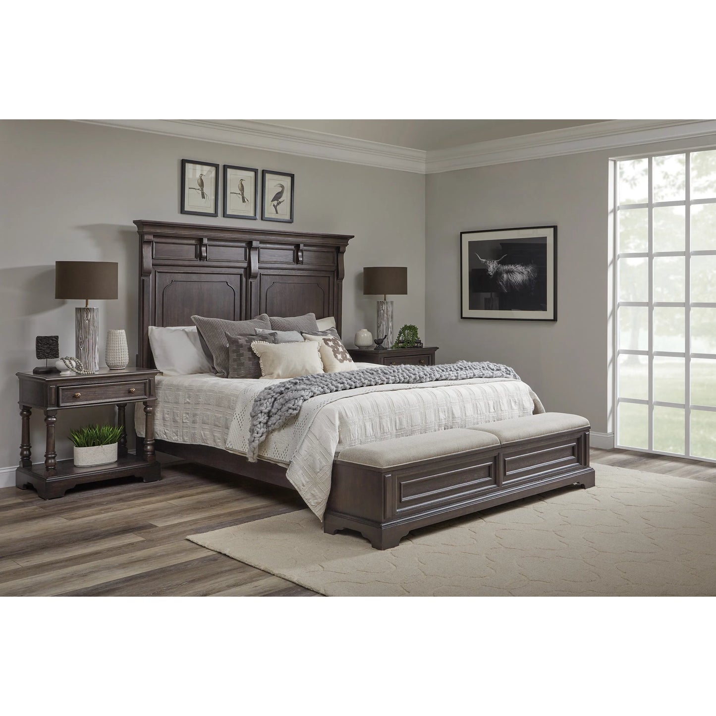 010 SI-2383566,SI-2383567,SI-2383568 | Lifestyle | Hickory Creek Storage Bed by Pulaski Furniture in brown velvet. Made from split heart cathedral hickory veneers in a unique style.