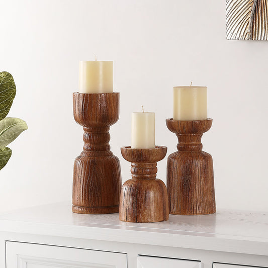 Ponce Candle Holder (Set of 3) by HedgeApple Essentials in brown. Made from 100% polyresin in a eclectic & global style.