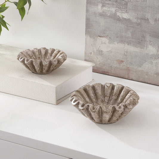 Tama Ruffle Bowl (Set of 2) by HedgeApple Essentials in greige and painting. Made from resin in a modern style.