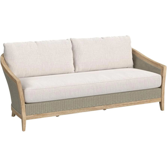 Cambria Outdoor Sofa by Sunset West in light wood. Made from teak in a rustic style.