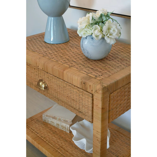 Reed One Drawer End Table by Worlds Away in natural rattan. Made from unique in a cottage & farmhouse style.