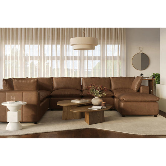 Cali 7-Piece Modular Chaise Sectional by TOV Furniture in brown. Made from leather, wood in a unique style.