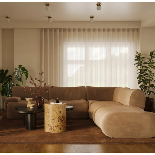 Zenith 5-Piece Performance Velvet Modular Sectional by TOV Furniture in brown. Made from fabric, plywood, rubberwood in a unique style.