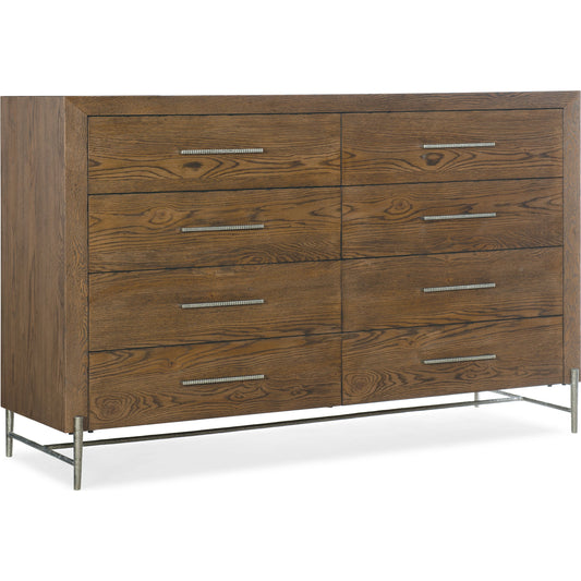 Chapman Eight-Drawer Dresser by Hooker Furniture in sorrel. Made from white oak veneers, metal base in a modern style.