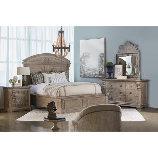 Arch Salvage Chambers Panel Bed by A.R.T. Furniture in brown and parch. Made from parrawood solids, cathedral elm veneers in a cottage & farmhouse style.