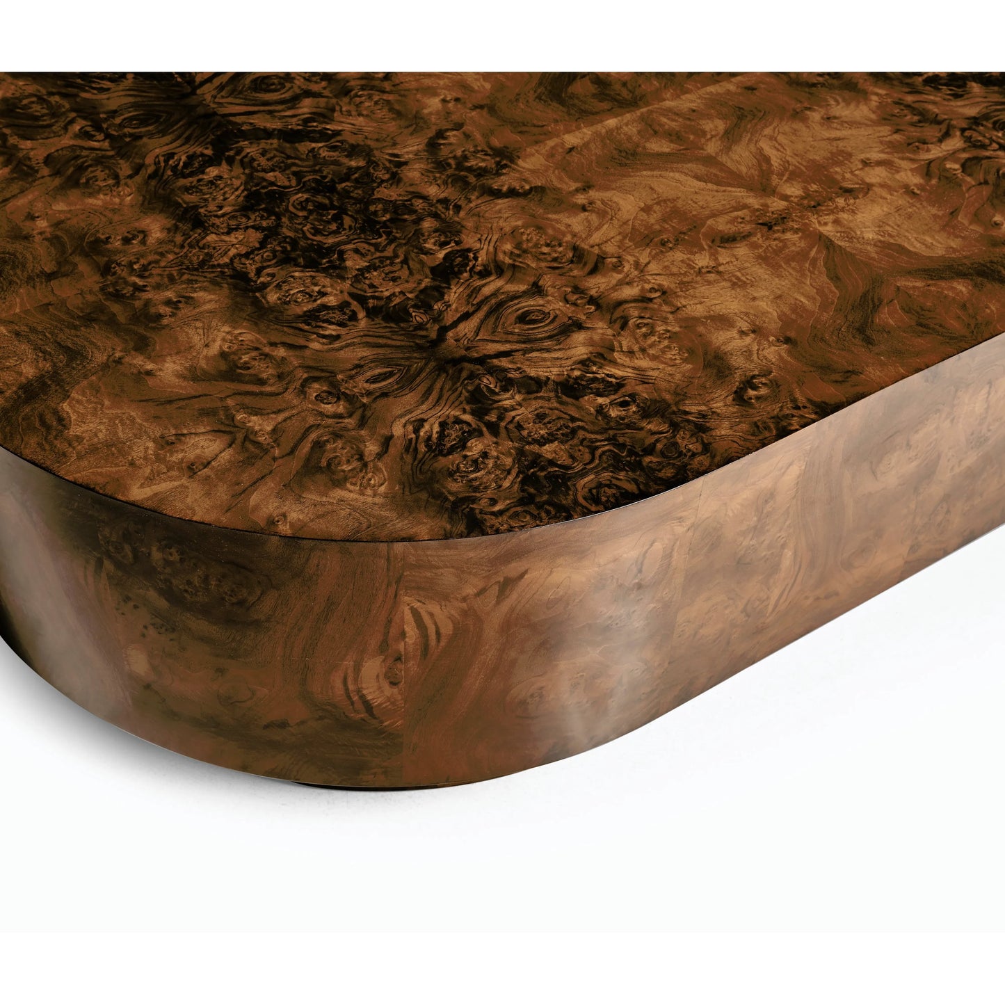 009 SI-2186353 | Closeup | Jacques Radius Cocktail Table by Jonathan Charles in brown and walnut burl. Made from book match walnut burl veneer in a modern style.