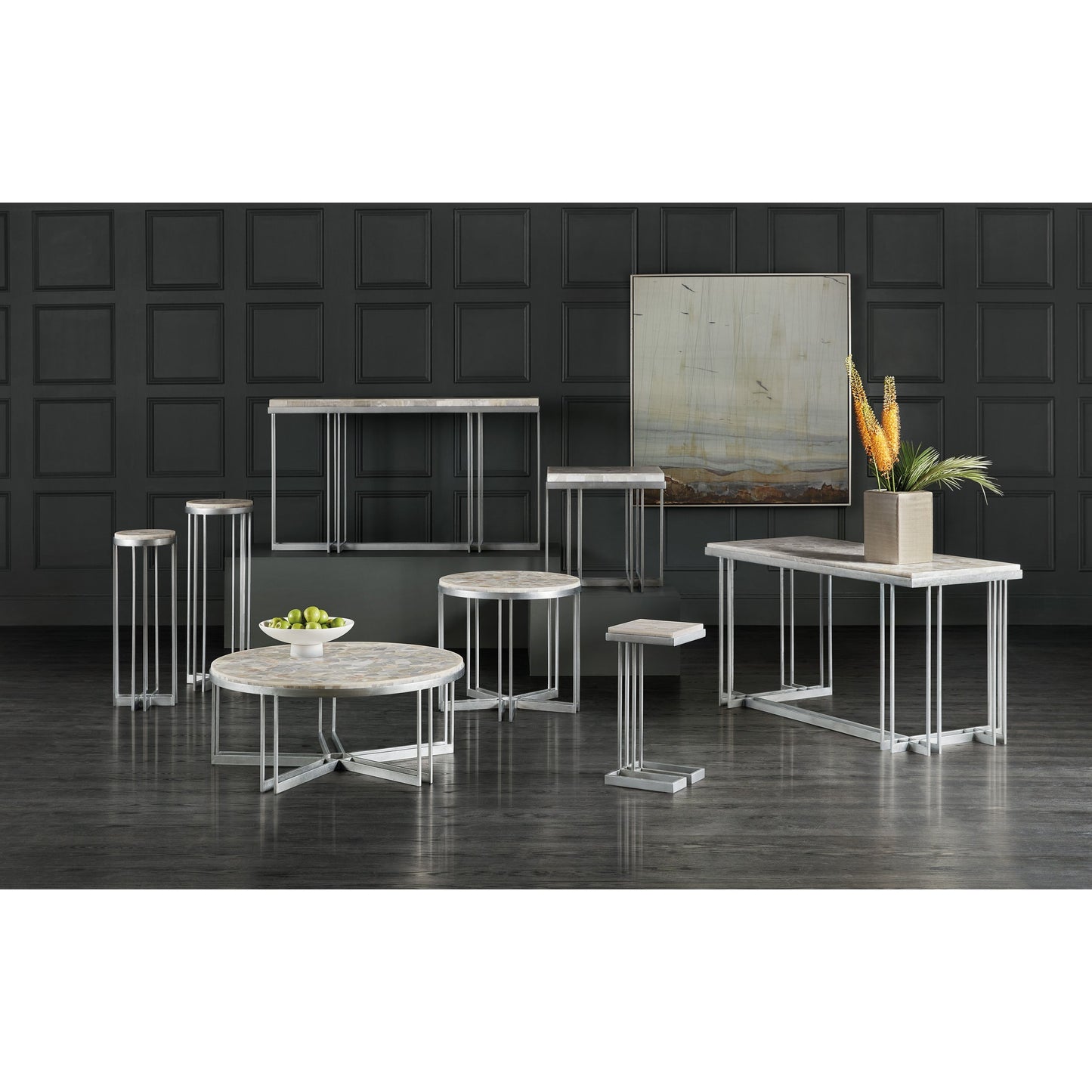 004 SI-1873155 | Lifestyle | Melange Marin Drink Table by Hooker Furniture in silver. Made from tumbles white onyx with carbon steel metal in a transitional style.