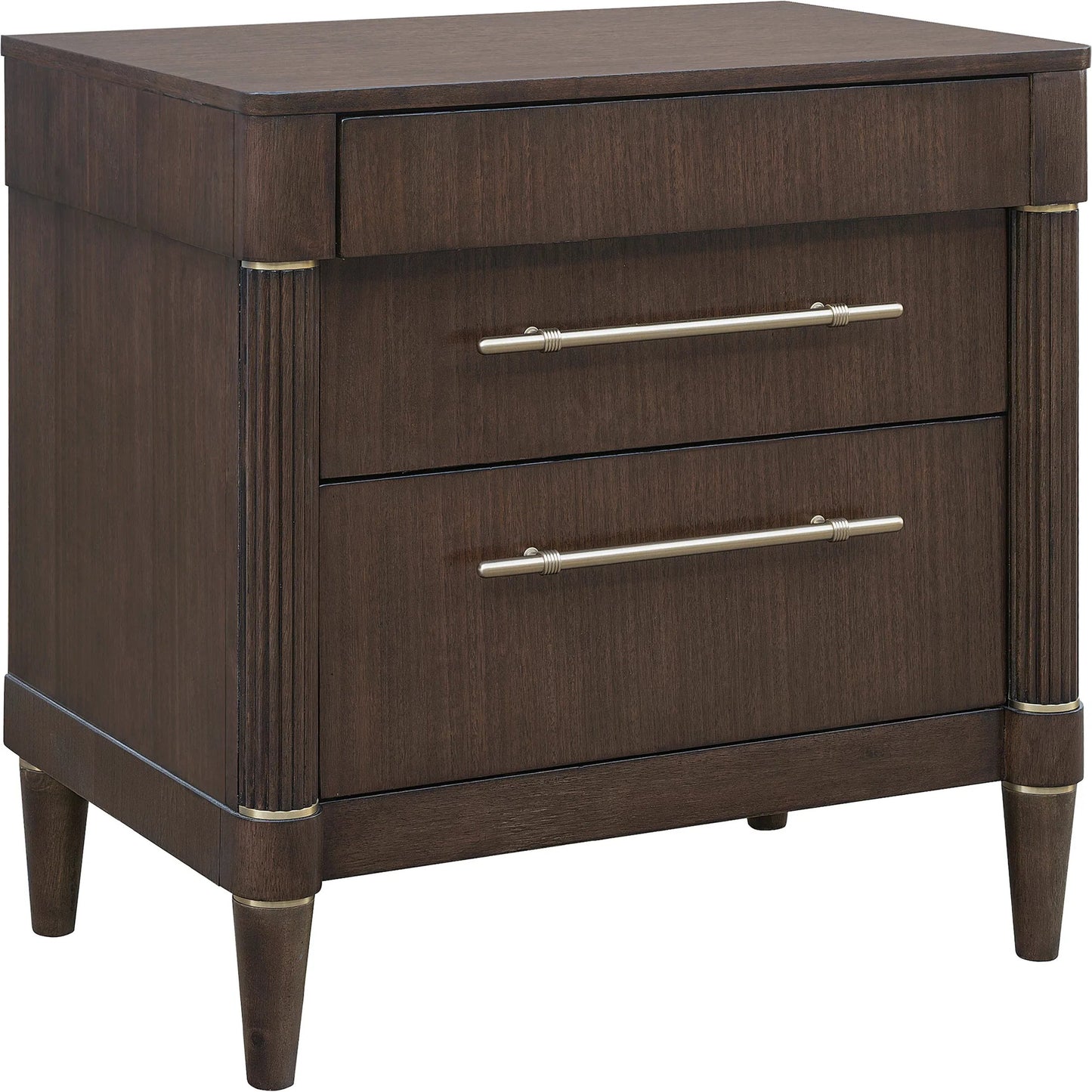 001 SI-2449349 | Primary Silo | Asher Park 3 Drawer Nightstand by Pulaski Furniture in piano brown. Made from eucalyptus veneers in a unique style.